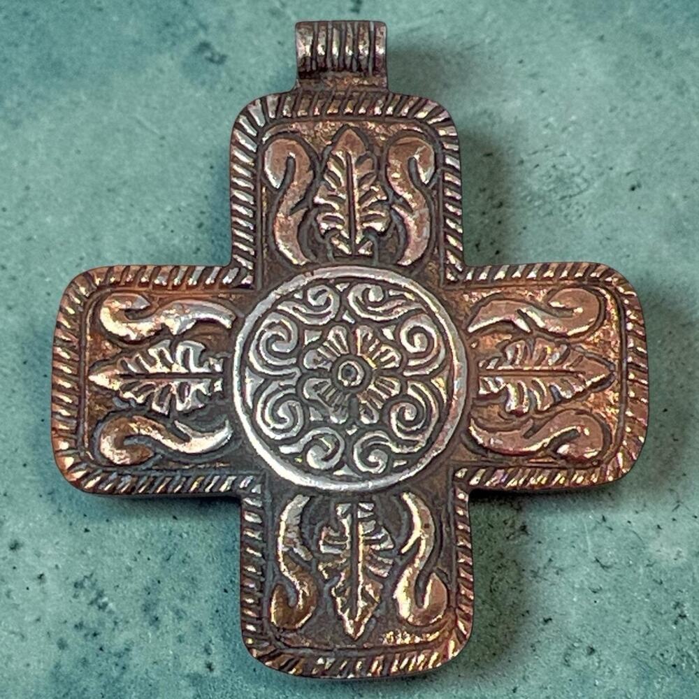 Vintage 1970s Solid Copper Cross Pendant Large Handmade Artisan Religious Large